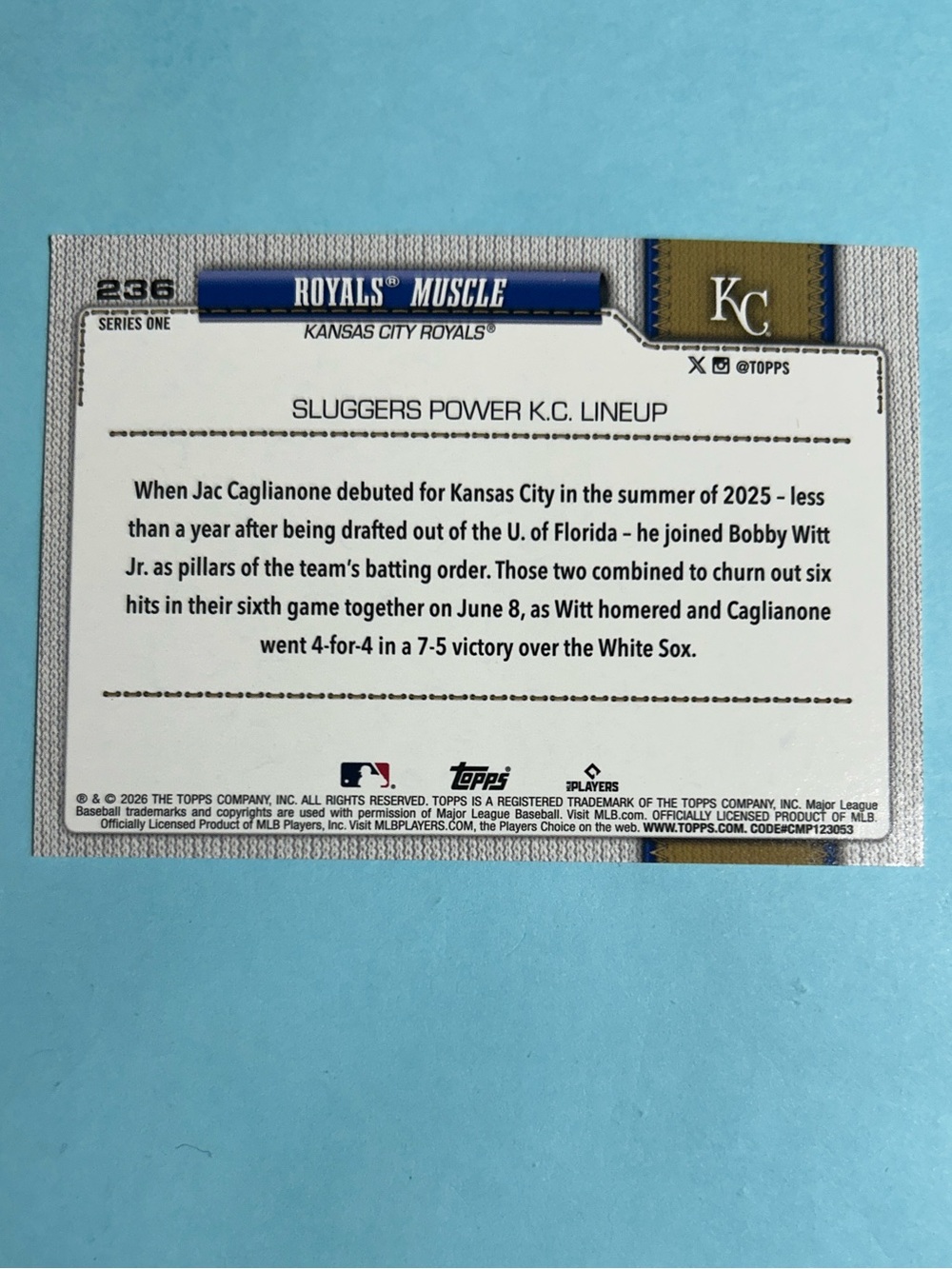 2026 Topps Royal Muscle -Witt & Caglianone  KC Royals Sluggers foil card #236 - Picture 2 of 2